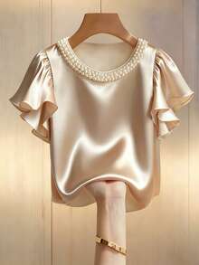 Lyxana Satin Finish Round Neck Pearl Decor Ruffle Sleeve Blouse - Apricot - View 3