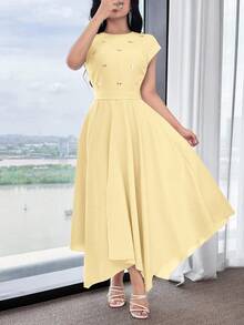 Feyla Gaun Panjang Wanita Elegan dengan Hem Asimetris dan Dekorasi Rhinestone, Musim Panas - Kuning - View 7