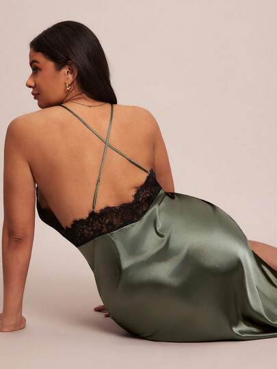 SHEIN BAE 1pc Women's Sexy Deep V-Neck Sleeveless Plus Size Nightgown, Contrast Lace Patchwork Sheer Backless Satin Maxi Dress, Suitable For All Seasons, Sleepwear Or Outerwear Sexy Nightgown Satin Slip Dress Satin Night Gown Night Gown