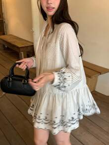 DAZY Women's Striped Korean Style Embroidered Bow Mini Dress, Casual For Party, Holiday Floral Dresses For Women - Apricot - View 1