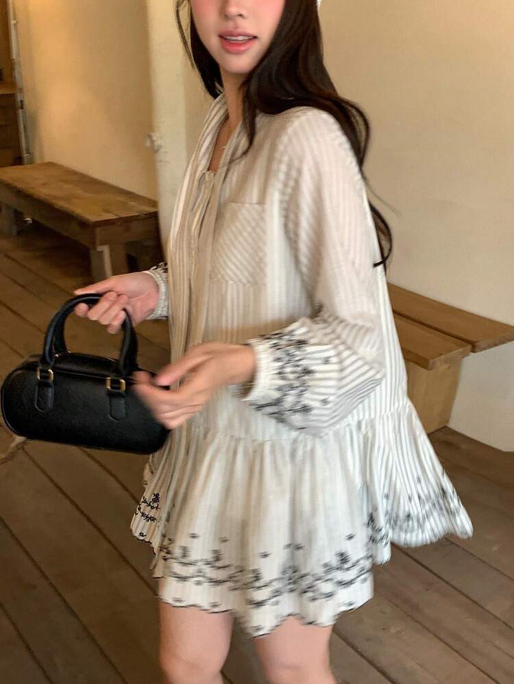 Women's Striped Korean Style Embroidered Bow Mini Dress, Casual For Party, Holiday Floral Dresses For Women