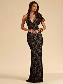 SHEIN BAE Đầm ren ôm sát màu đen gợi cảm cổ chữ V sâu, thanh lịch cho tiệc bãi biển, hẹn hò, đầm ren. - màu đen - Xem 5