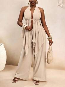 BamGleam 100% Cotton Bohemian Vacation Style V-Neck Halter Tie Shoulder Backless Ruched Asymmetric Hem Flowy Top Paired With Elastic Waist Wide Leg Loose Draping Casual Outfit For Beach, Date, Daily Wear - Apricot - View 4