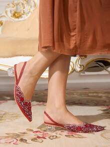 CUCCOO TILAWA Giày nữ thời trang và thanh lịch với gót pha lê, mũi nhọn đính đá, ren laser, màu đỏ, thích hợp cho tiệc chiêu đãi, liên hoan và các dịp khác. - Đỏ - Xem 4