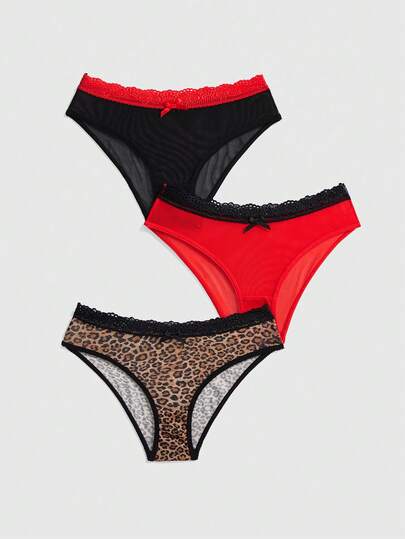 ROMWE 3pcs Gothic Style Lace Patchwork Leopard Print Cotton Briefs For Women