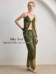 Ocili 2pcs Bohemian Style Lace V-Neck Camisole And Pants Comfortable Sleepwear Set For Women - Dark Green - View 1
