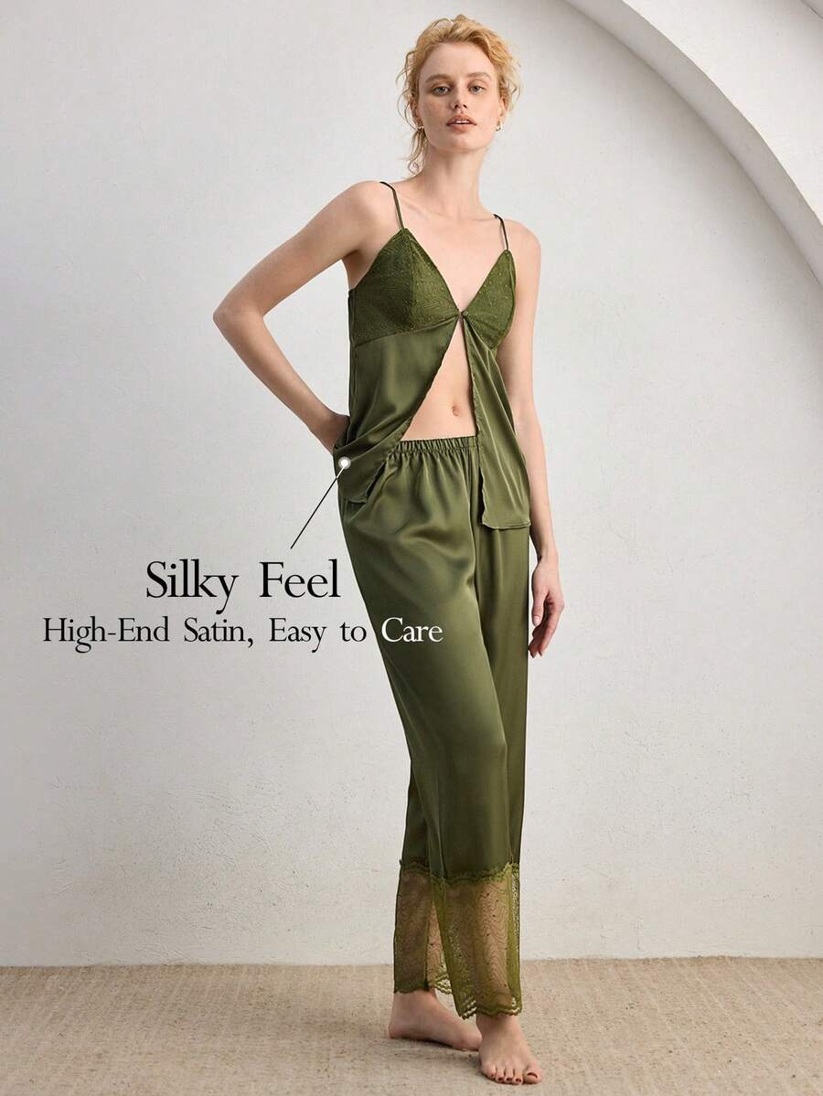 Ocili 2pcs Bohemian Style Lace V-Neck Camisole And Pants Comfortable Sleepwear Set For Women - Dark Green - View 1