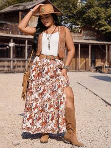 LanaWest CURVE Plus Size Women's Vintage Print Asymmetric Ruffle Hem Skirt, Suitable For Vacation, Music Festival, Western Boho Style - Multicolor - View 3