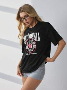 HautHeat 女士字母印花短袖家居服上衣 - 黑色 - 查看 6