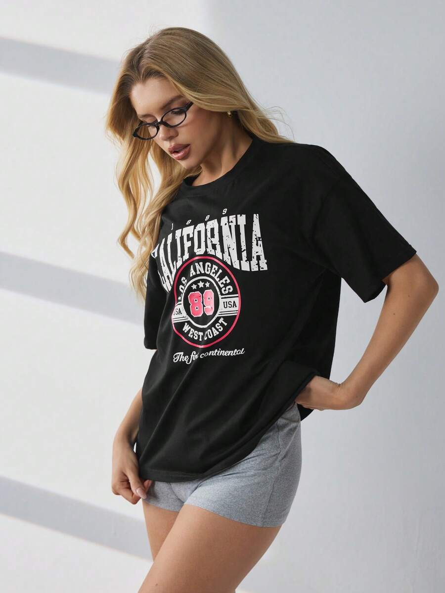 SHEIN Áo mặc nhà tay ngắn in chữ dành cho nữ - màu đen - Xem 1