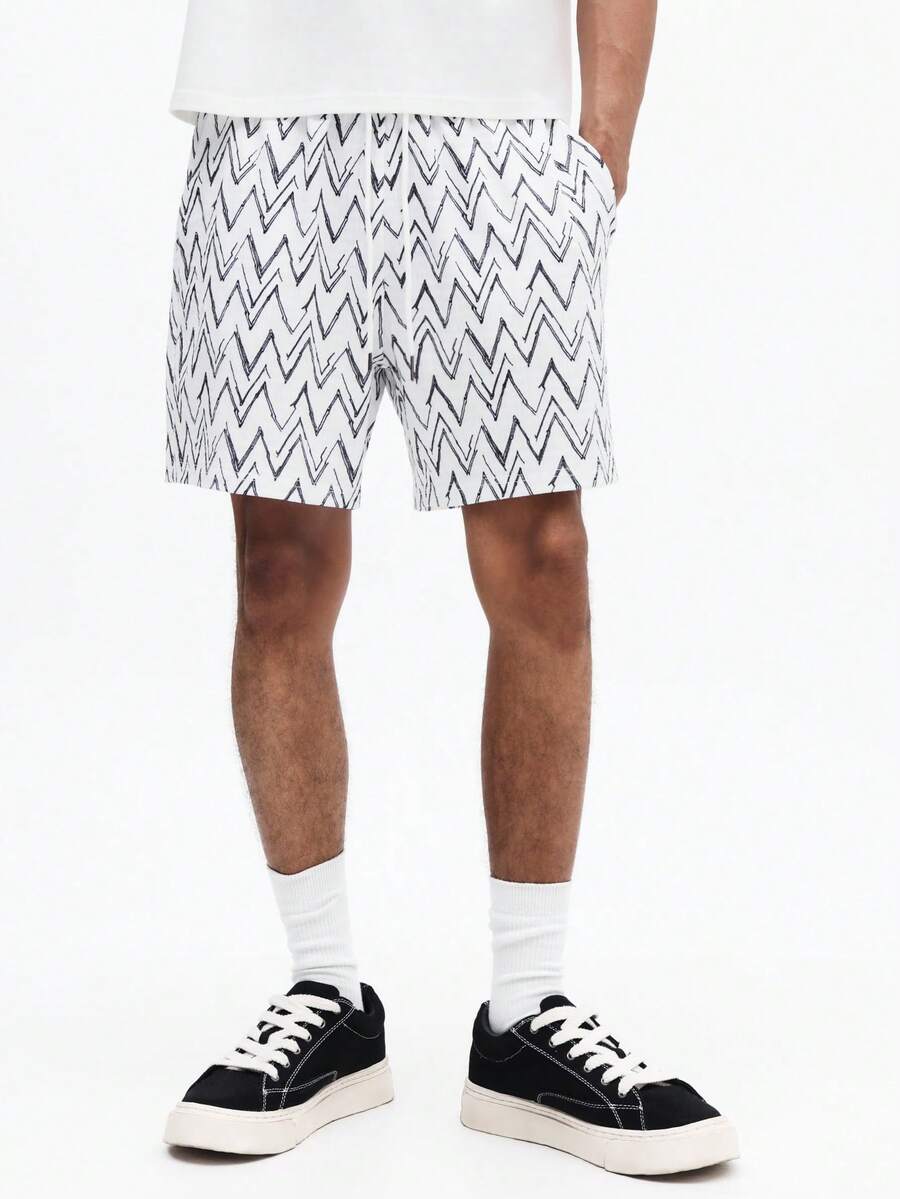 SUMWON Quần short đi biển nam họa tiết zigzag hình học, có túi bên hông, kiểu dáng thường ngày mùa hè, dài đến giữa đùi, có dây rút ở eo. - trắng - Xem 1
