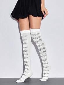 1 pieza Calcetines largos hasta la rodilla con diseño de estampado de notas musicales en estilo retro universitario Y2K para millennials, calcetines de mujer de moda, sencillos y versátiles, adecuados para ir al trabajo, fiestas, vacaciones, fotos, etc. - Blanco - Ver 4