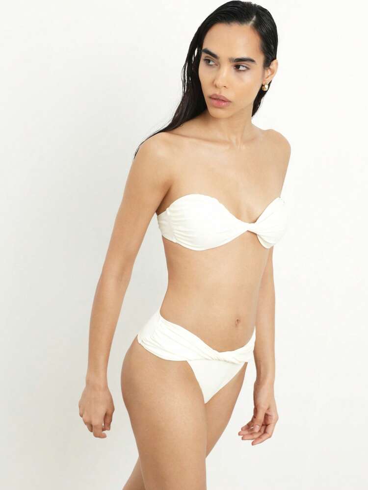 KSTM Women's Twisted Detail Bikini Set Two Piece Swimwear Summer Beach Vacation Swimsuit White Tie Back Adjustable Straps