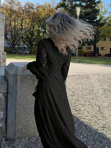 Jeta Ari Solid Color Lace Trimmed Button Decoration Long Sleeve Dress Maxi Women Outfit - Black - View 2