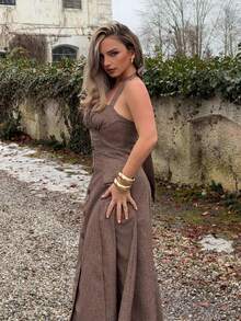 Jeta Ari 女式驼色无袖腰部褶皱A字形吊带连衣裙 - 駝色 - 查看 1