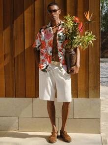 AKNOTIC Business Casual 男士白色花卉圖案寬鬆落肩休閒襯衫，夏季波希米亞度假風夏威夷鈕扣式扶桑花熱帶度假穿搭 - 白色 - 查看 4