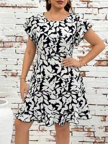 Reflora Plus Size Floral Print Casual Vacation Dress - Black and White - View 3