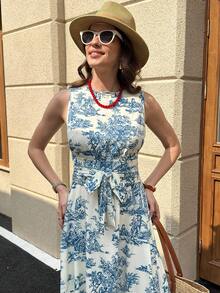 Solivie All-Over Print Belted Casual Sleeveless Dress With Slant Pockets - Multicolor - View 7