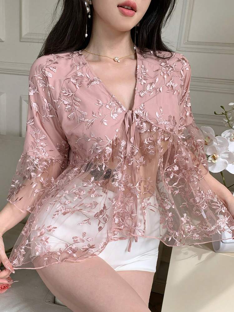 Women's Elegant Lace V-Neck Tie Blouse, Spring/Summer,Wedding Guest Dress Women Boho