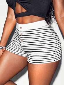 Glyssa Women's Black & White Striped Low-Waist Minimalist Sexy Casual Shorts, Versatile For Commuting, Sports, Fashion, Spring/Summer - Multicolor - View 3