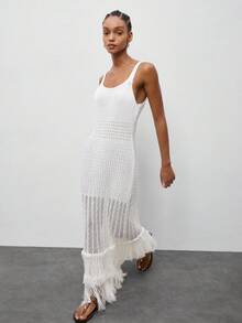 Maija Women's White Sleeveless Knit Dress Graduation Holiday Outfits Casual Beach Tighten The Waist Beach Dress Summer Dress Festival Dresses Elegant  Holiday Outfits - White - View 1