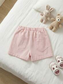 Baby Mädchen Neue Locker Washed Denim-Shorts, Rosa mit Weißer Spitzenborte. Aus leichtem, weichem Baumwolldenim, ein Muss für modebewusste Mädchen. Geeignet für Frühling/Sommer, einfach und stilvoll, vielseitig für tägliches Outfit, Fotoshootings, Zusammenkünfte. Frühling/Sommer 2026 Neuerscheinung - Pink - Übersicht 2