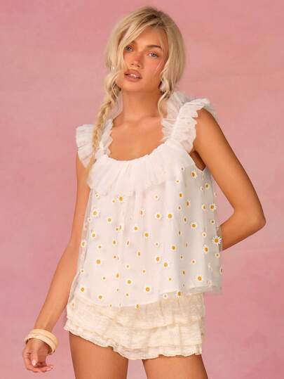 Athîral Women's Casual Vacation Mesh Daisy White Ruffle Trim Blouse