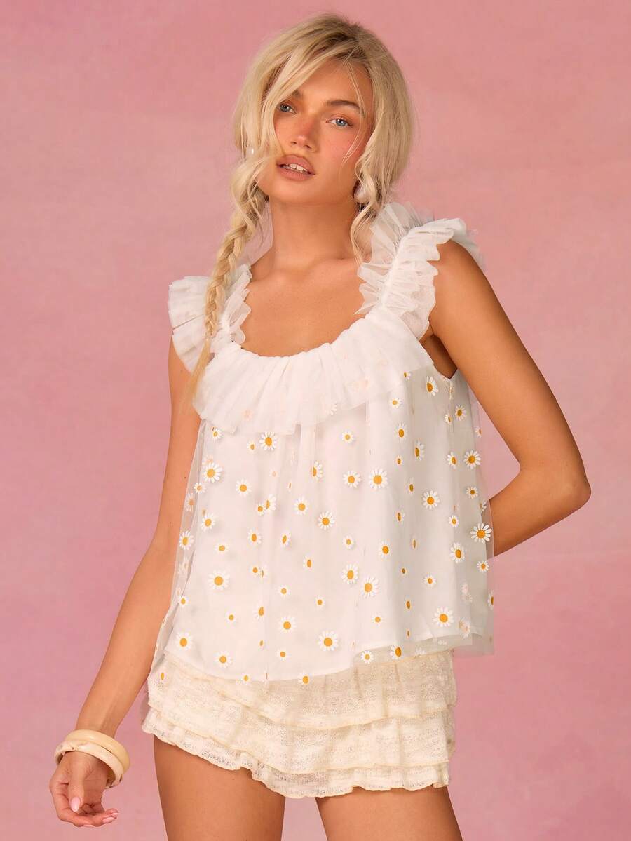 Athîral Women's Casual Vacation Mesh Daisy White Ruffle Trim Blouse - White - View 1