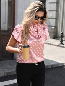 Pariaura Women's Elegant Bow Tie Collar Short Sleeve Blouse, Fashion Spring/Summer Ladies Top, Red Summer Shirt, Party Wear, Polka Dot Fitted Shirt, Beach, Birthday - Pink - View 4