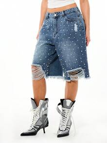 SUMWON WOMEN Quần short Bermuda denim rách gối, đính ngọc trai, kiểu dáng năng động, thích hợp cho phong cách đường phố mùa hè. - Màu xanh lam - Xem 1