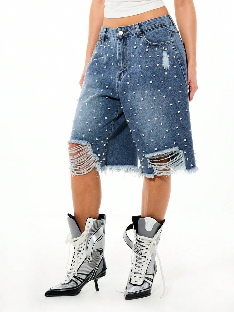 SUMWON WOMEN Pearl Distressed Denim Shorts With Frayed Hem