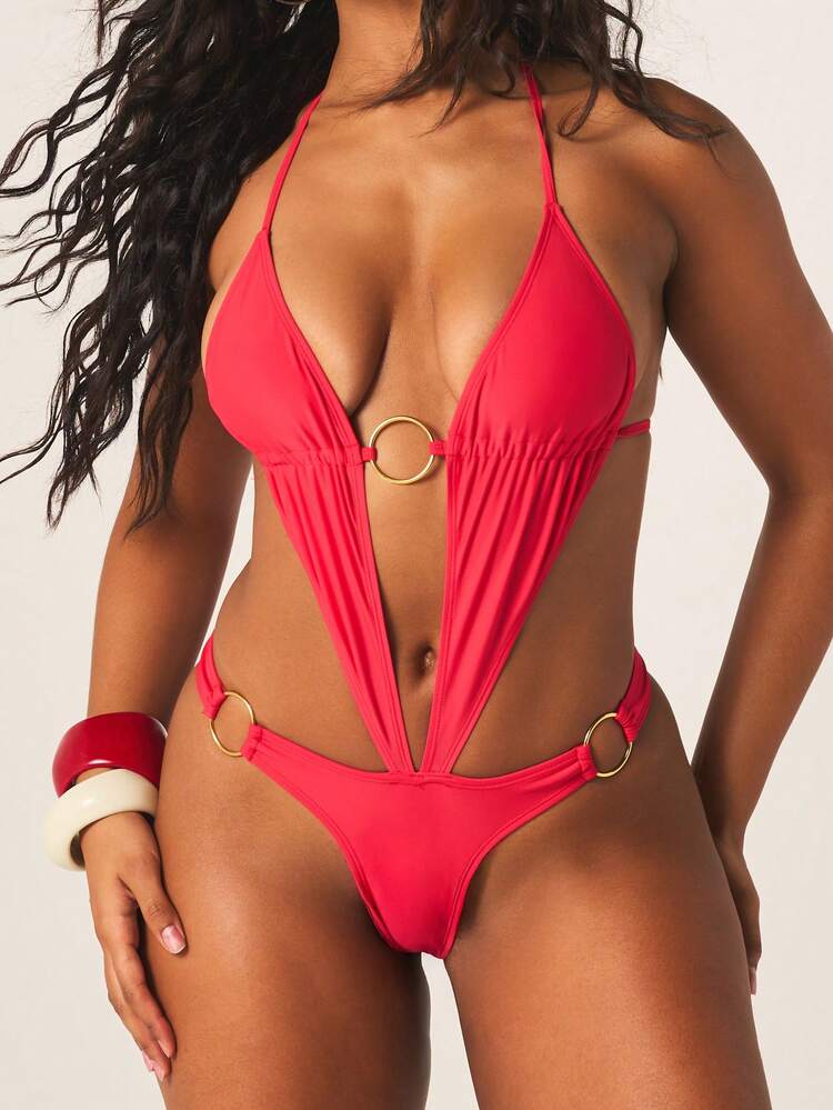 MISSGUIDED Plunge Neck Cutout One Piece Swimsuit With Ruched Beach Cover Up Mini Skirt Set Summer Vacation Resort Pool