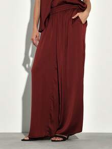 KSTM Women's Fluid Satin Wide Leg Palazzo Pants Elegant Evening Luxe For Special Occasions - Burgundy - View 4