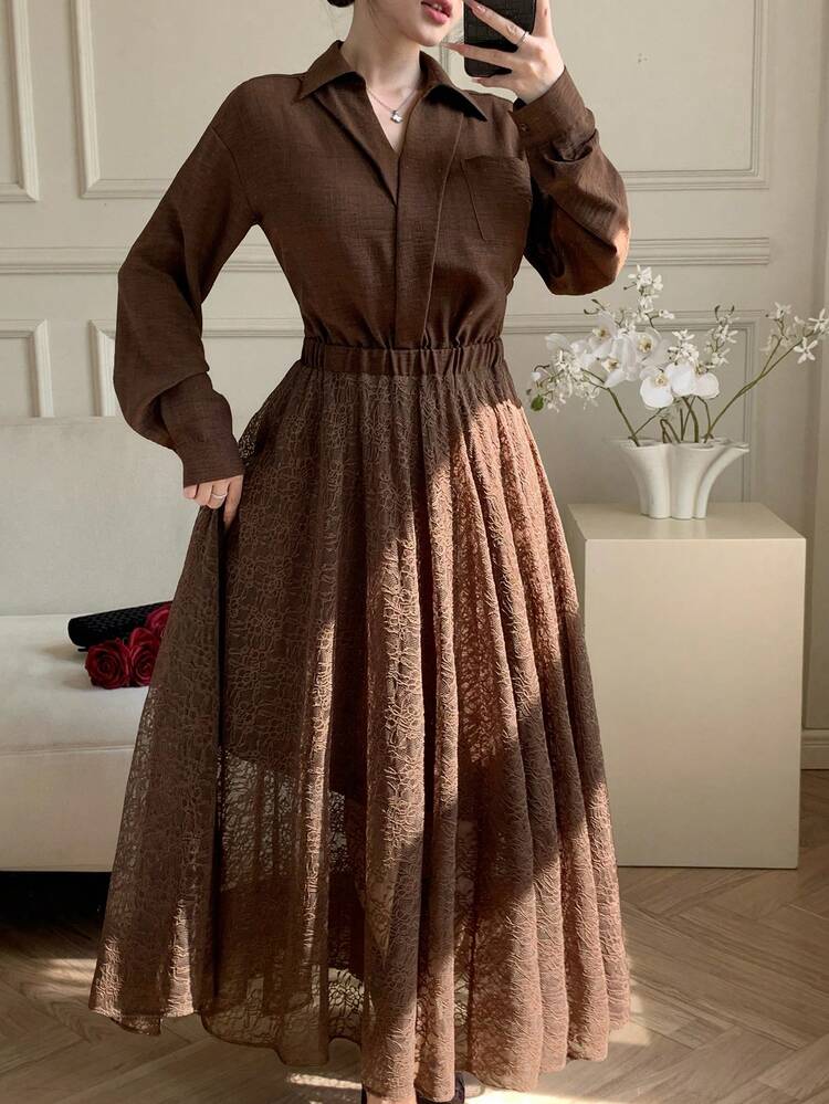 Women's Solid Color Lace Patchwork Drop Shoulder Long Sleeve Elegant Mid-Length Dress Sundress Summer