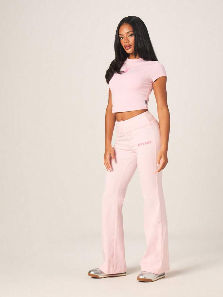 Missguided x Playboy Women's High Rise Flared Leggings With Cover Stitch Detail Pink Soft Stretchy Wide Leg Palazzo Style Casual Everyday Loungewear