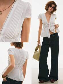 Poéselle White Casual Deep V Neck Peplum Blouse With Puff Short Sleeves And Ruffle Hem In Woven Fabric - White - View 4