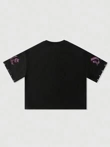 ROMWE MEN Street Life Spring/Summer Casual Graphic Men'S Rhinestone Print Loose Short T-Shirt - Black - View 4