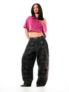 SUMWON WOMEN Women's Camouflage Wide Leg Barrel Jeans With Pink Script Graphics And Studded Detailing Relaxed Fit Slouchy Denim - Army Green - View 5