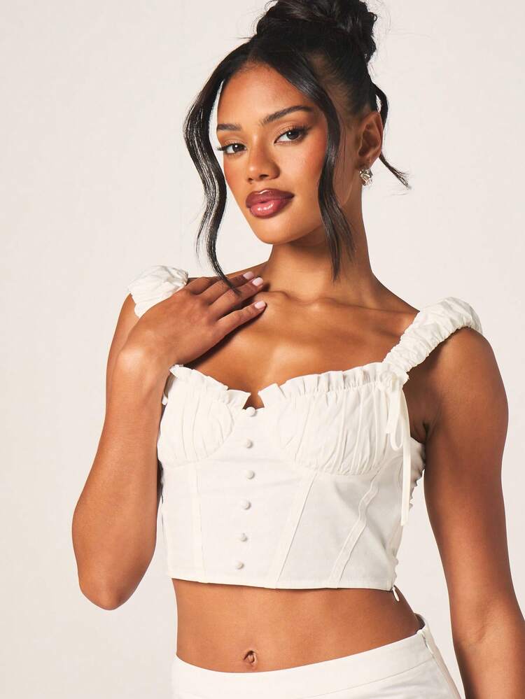 MISSGUIDED Button Front Smocked Cotton Camisole Top With Ruffle Straps And Shirred Back Detail For Summer