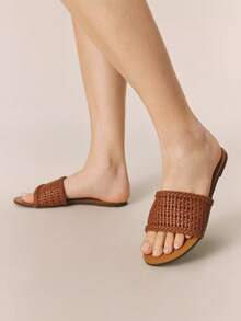 Styleloop Stylish Woven Sandals With Flat Bottom, Comfortable Mule Sandals, Holiday Style Sandals, Flat Sandals, Beach Sandals - Camel - View 6