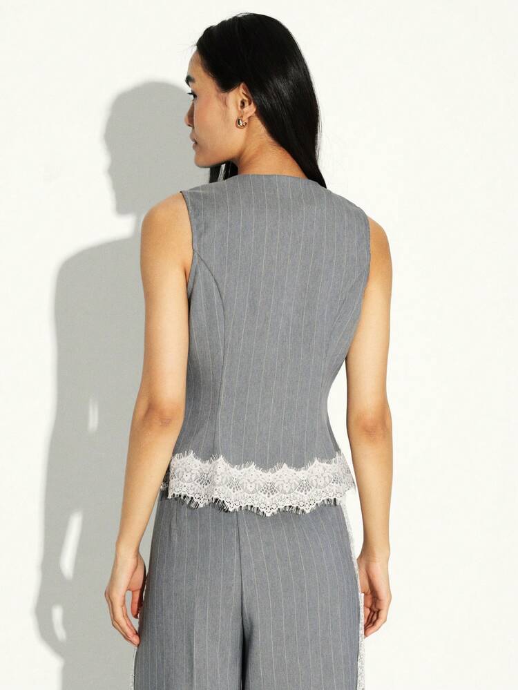 KSTM Pinstripe Peplum Sleeveless Vest With Delicate Lace Hem Detail Button Front Office Professional Formal