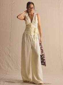 MUSERA Plunge Front Wrap Tie Waist Detail Co-Ord Top Only Spring Summer Cosy Cute Daily Girly Vacation Sunlight Social Easter Spring Summer - Light Yellow - View 5