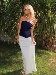 Sydney Algeri Women's Solid Color Ruffled Hem Fashionable Bandeau Top - Navy Blue - View 3