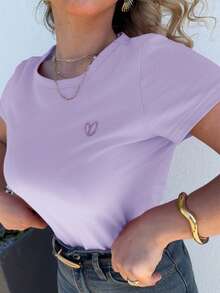 Jeta Ari Simple Solid Color Embroidered Heart Short Sleeve Women T-Shirt Summer,Business Casual Women - Violet Purple - View 9