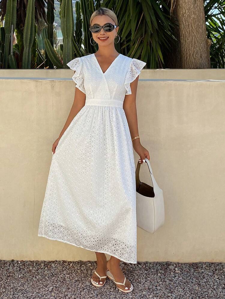 Women's Elegant Solid Color Embroidered V-Neck Ruffle Hem White Mid-Length Dress, Spring & Summer Boho