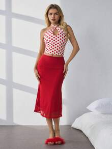 HautHeat Women's Polka Dot Print Hollow Out Halter Neck Sleepwear Top - Red - View 6