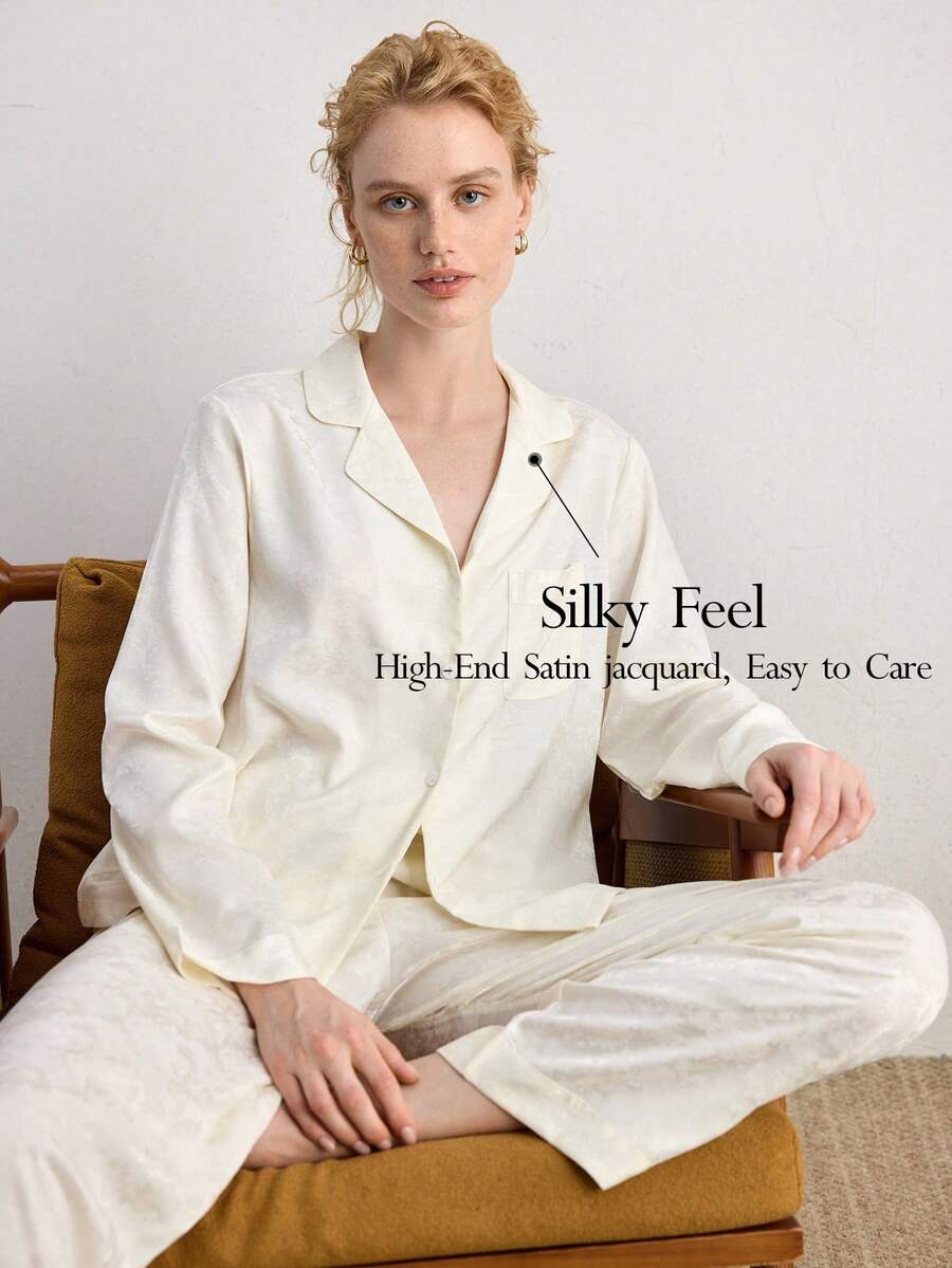 Ocili Satin Jacquard Minimalist Abstract Comfortable Lapel Long Sleeve Pants Ladies Sleepwear Set, Chic Autumn Slumber - Champagne - View 1