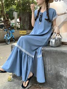 DAZY Đầm denim dài cổ chữ V phối ren dành cho nữ, thích hợp cho kỳ nghỉ. - Rửa trung bình - Xem 6