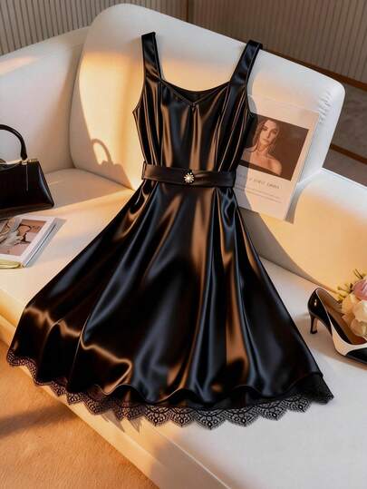 GlowEve CURVE Elegant Satin Button Waist Belt Contrast Lace Plus Size Dress For Women