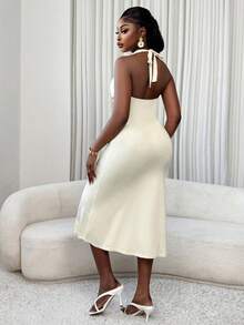 Xyvia Sexy Sequin Patchwork Backless Halter Knit Dress, Summer - Apricot - View 2